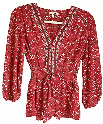 Max Studio Women Sz XS Smocked Boho Peasant Ditsy Floral Top Blouse Tie Front • $24.97