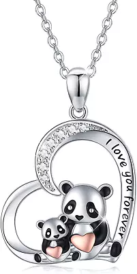 Mom And Child Panda Heart Necklace I Love You Forever Pendant Sterling Silver • $101.16