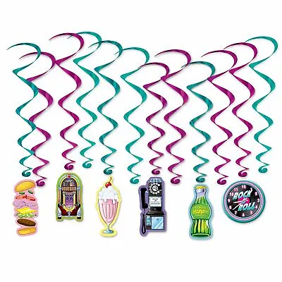 12 X Fabulous 50's Soda Shop Hanging Whirls 1950's Party Decorations • £8.18