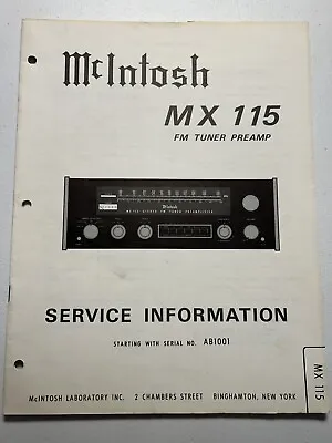 McIntosh MX115 FM Tuner Preamplifier Preamp Service Information Original Manual • $23.99