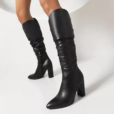 Womens Block Heels Pointed Toe Knee High Boots Zip Party Pleated Boots Plus Size • $104.63