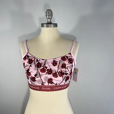 Calvin Klein Women's M CK One Unlined Mesh Rose-Print Bralette Pink Red Glitter • $8.50