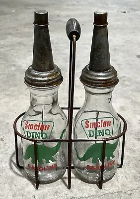 Set Of (2) SINCLAIR Dino Motor Oil Bottles W/ Metal Wire Oil Bottle Carrier • $160.40
