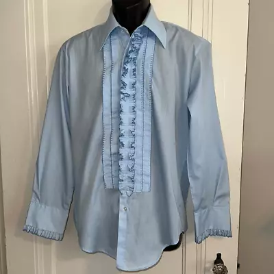 Vintage 60s/70s After Six Baby Blue Ruffle Front & Cuffs Tuxedo Shirt • $74