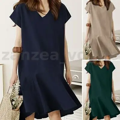 $23.98 • Buy Summer Womens 100%Cotton Short Sleeve Beach Sundress Loose Ruffles Mini Dress AU