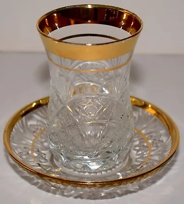 Pressed Glass Turkish Tea Glass / Cup With Saucer 2-pc Gold Trim FreeS&H • $17.10