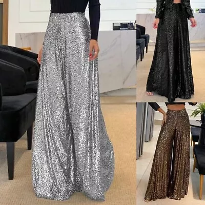 Ladies Pants High Waist Palazzo Pant Women Baggy Night Out Glitter Sequin • $35.99