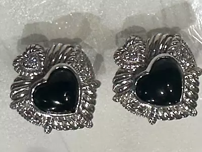 Judith Ripka 925 Silver Black Heart Onyx & White Sapphire Omega Back Earrings • $119
