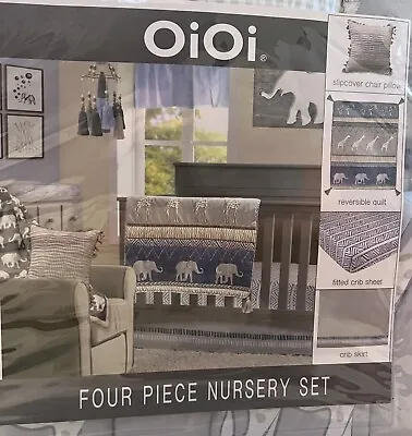 OiOi 4 Piece Baby Crib Bedding Set Blue & Grey Safari Never Opened In Store $135 • $16