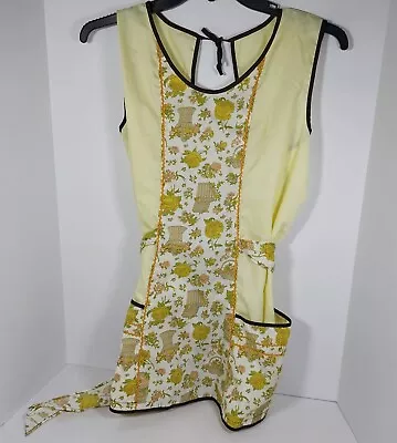 Vintage Yellow Floral 70s Full Bib Cotton Smock Apron Cottage Farmhouse Homemade • $15.99