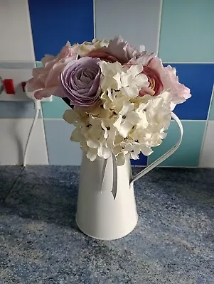 Artificial Flower Display In Metal Cream Jug From Next Hydrangea Roses 14in Tall • £8.95