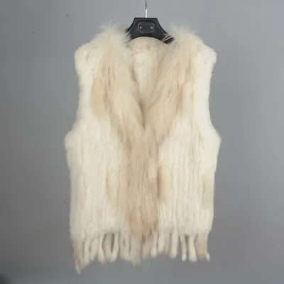 Fashion Lady Real Rabbit Classic Knitted Fur Vest Raccoon Collar Gilet Womens • $71.94