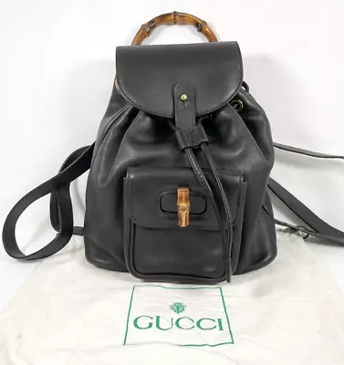 Vintage Gucci Bamboo Backpack Drawstring Bag Black Leather Small Authentic • $309