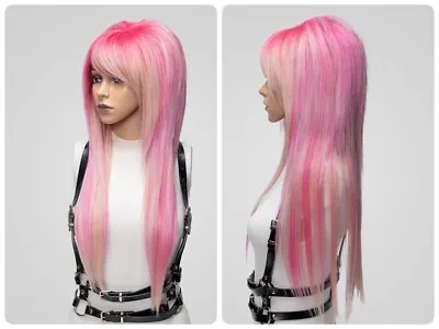 Pink Long Mullet EMO Wig Bangs Full Density Straight Hair Handmade Cosplay Anime • $176.86
