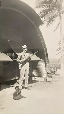 Vintage 1940s Photo Soldier With Rifle Barracks Young Dog Pup At His Feet • $5