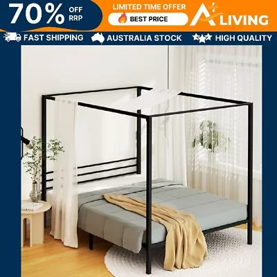 Queen Size Metal Bed Frame 4 Poster Canopy 300kg Capacity Black Steel Slats • $177.65