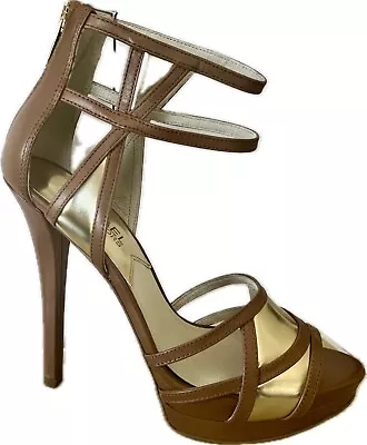 Michael Kors Jaida Back Zip Cut Out Platform Heel Luggage/Gold Dress Shoe • $120