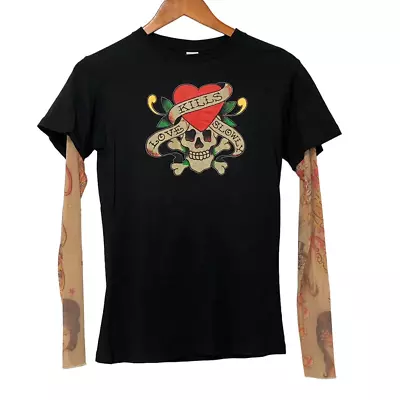 Ed Hardy Love Kills Slowly Black T-shirt Long Mesh Tattoo Sleeves Women's Size M • $50