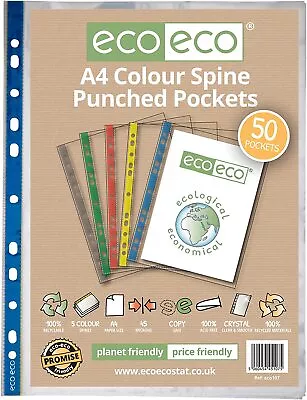 Eco Eco A4 Coloured Spine Multi Punched Pockets 100% Recycled X 100 Home Office • £8.49