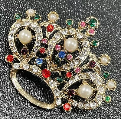 Vintage 2” Colorful Crystal Rhinestone Crown Brooch Pin Faux Pearls • $4.99