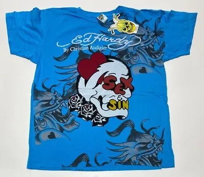 Authentic New Vintage Men's Ed Hardy T-shirt Sex/Sin Turquoise M • $36.95