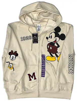 New MICKEY MINNIE MOUSE PLUTO PATCH XXL IVORY HOODIE ZIP SWEATSHIRT NWT PRIORITY • $24.82