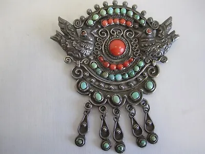 Vintage Large Matl Matilde Poulat Dove Silver Brooch W/ Turquoise & Coral Mexico • $550