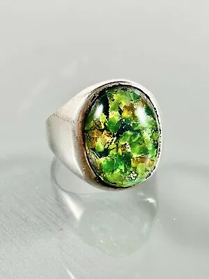 Signed Vintage 925 Sterling Silver Cabochon Dragon Breath Opal Glass Ring Size 8 • $49.50