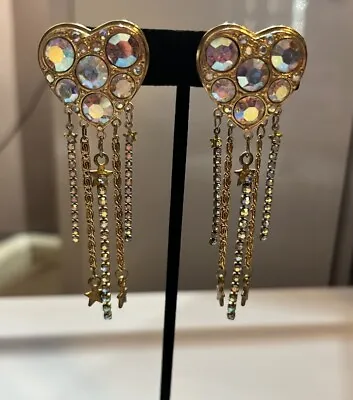 VTG Kirks Folly Signed Gold Tone Rhinestones Heart Shape Beads Dangle Earrings • $50