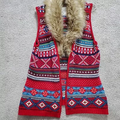 H&M Sweater Vest Women's L Multicolor Cardigan Open Front Faux Fur Aztec Boho • $12.31