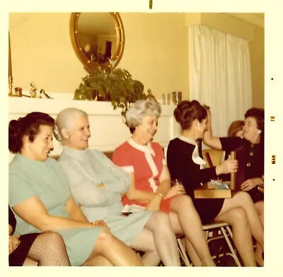 Vtg Found Photo 1960s Ladies In Party Dresses Laugh Smile Sit In Folding Chairs • $5