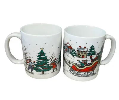 Set Of 2 Vintage Miyazaki Create Christmas Village Mugs Winter Ceramic • $15.99