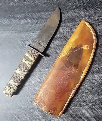 Vintage Camillus Fixed Blade Knife Bowie Military WWII War Wood Handle Sheath  • $42.97