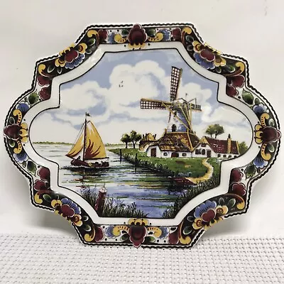 Royal Delft Jasmyn Holland Wall Plate AppliquÉ Dutch Windmills Polychrome. • $60