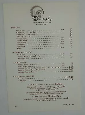 Santa Fe Railway  1967  Beverage  Card Menu  -  Unused • $11