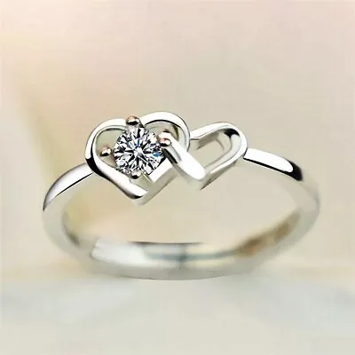 Double Heart Linked Adjustable Ring 925 Sterling Sliver Women Girls Jewellery UK • £3.15