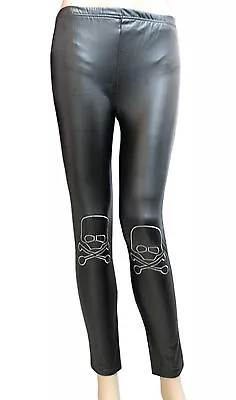 New Ladies Black Wet Look Leggings With Embroidered Cross Bones & Skull (small ) • £6.99