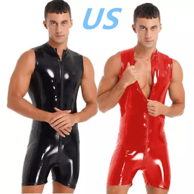 US Men PVC Leather Bodysuit Sleeveless Leotard Front Zipper Jumpsuit Clubwear • $9.59