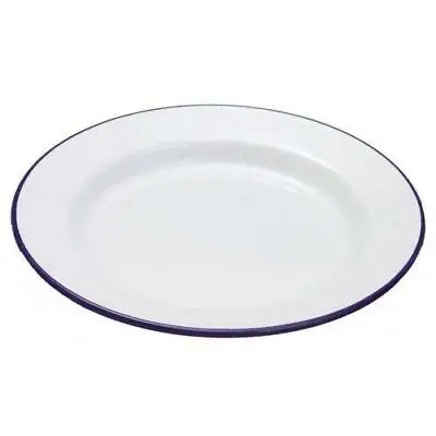 White Enamel Dinner Pie Plate Blue Rim Serving Roasting Baking Camping 22cm • £4.59
