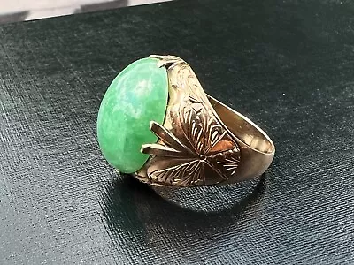 Antique Burmese  Natural Green Jadeite Jade Cabochon 9.5 Ct 14k Gold - Mens Ring • $1495