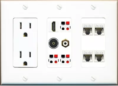 15A Duplex Power Outlet + 3 Speaker1-Toslink HDMI RCA 4 CAT5E F-F Wall Plate • $44.48