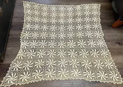 Vintage Handmade Beige Crochet Cotton Table Cover Pinwheel 48  Square • $24.99