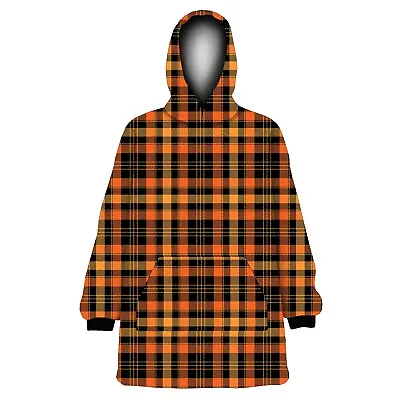 Orange Black Tartan Chequered Checker Print Fleece Oversized Blanket Hoodie • £37.99