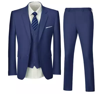 Wehilion XXL Dark Blue 3 Piece Suit 2 Button Double Vented Notched 46R 40W 2XL • $75