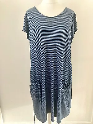 Fat Face Size 16 Blue Grey Striped Stretch Jersey Dress 100% Cotton Pockets • £19.99