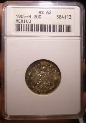 1905-M Mexico 20 Centavos ANACS MS62 Toned • $135