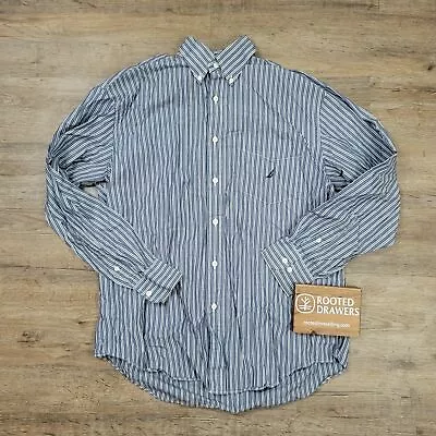Nautica Button Up Shirt Blue Striped Collared Long Sleeve Casual Cotton Mens L • $12.99