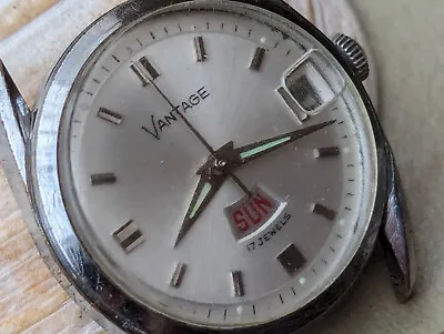 Vintage 1960's Vantage Day-Date Chrome-Plated Watch W/Twisted LugsST 115 Mvmt • $75