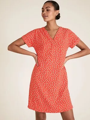 EX Marks & Spencer Coral Mix Linen Polka Dot Shift Dress ( REGULAR LENGTH) • £12.99