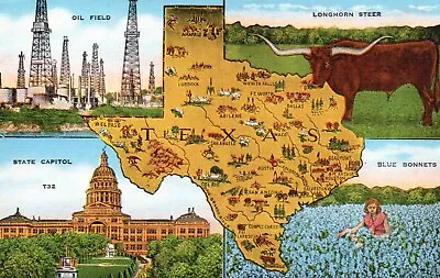 Postcard TX Texas State Map Oil Field Capitol Blue Bonnet Linen Vintage PC G4822 • $3